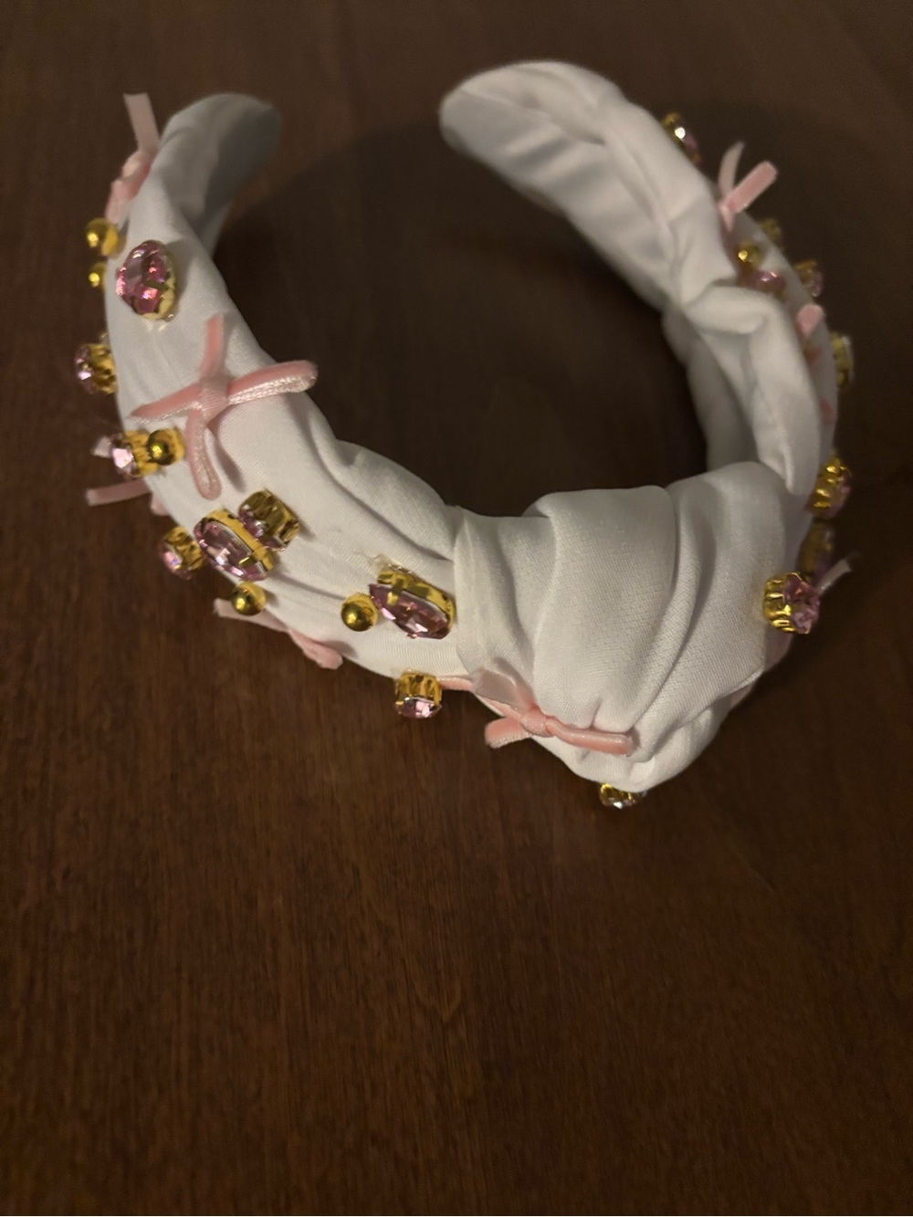 White Padded Headband with Pink Gems and Bows